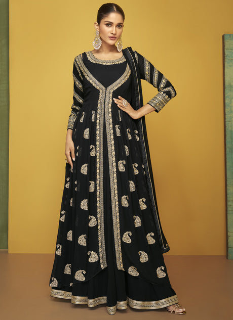Buy Black Georgette Embroidered Anarkali Suit Set Online - KARMAPLACE