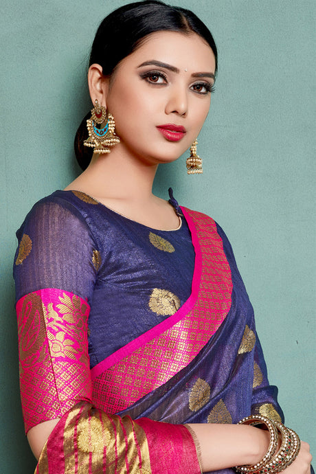 Blended Cotton Weaving Saree In Blue