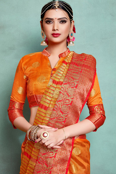 Blended Cotton Weaving Saree In Orange