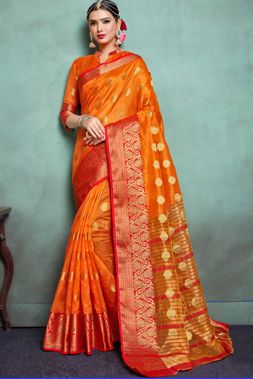 Blended Cotton Weaving Saree In Orange