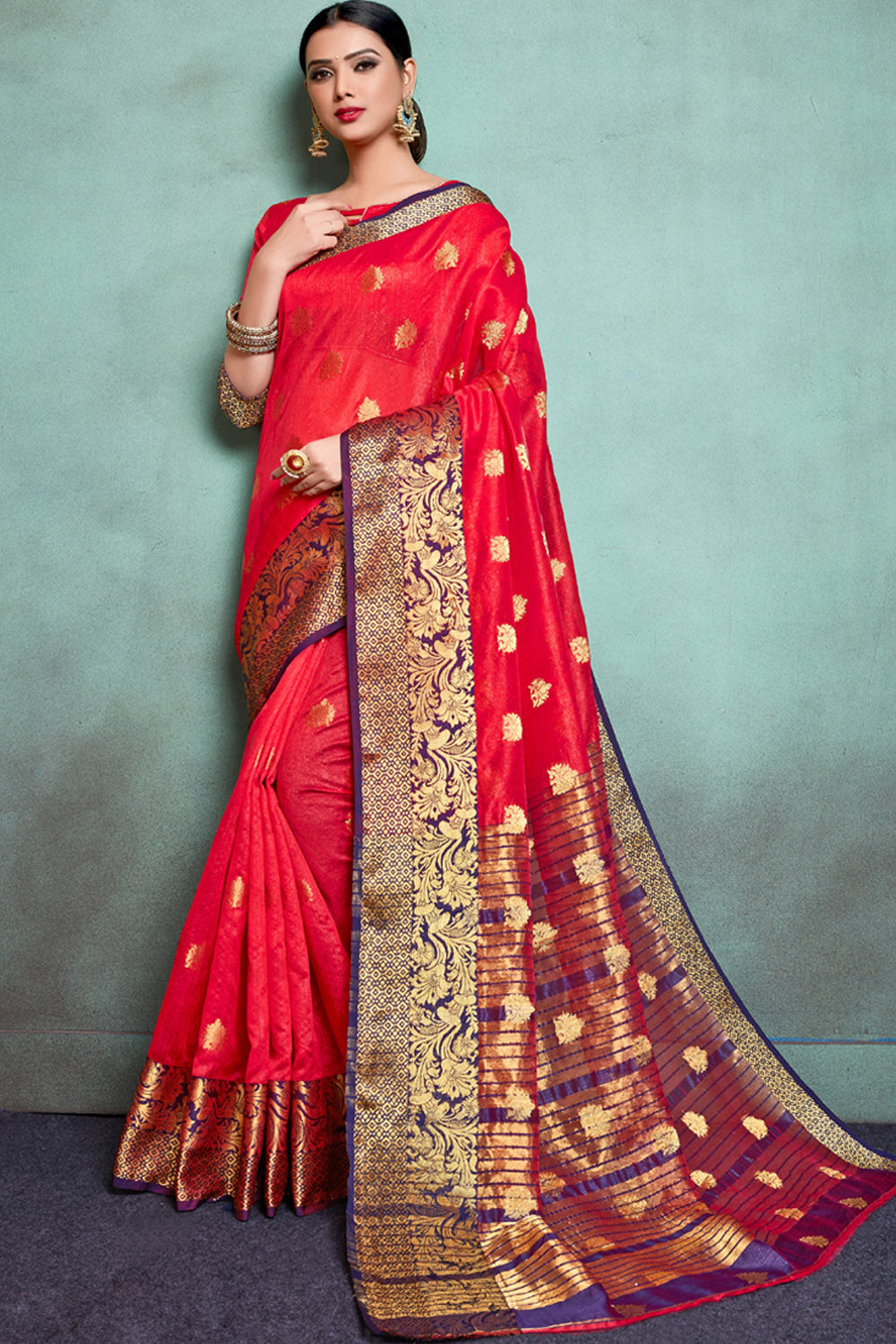 Blended Cotton Weaving Saree In Pink