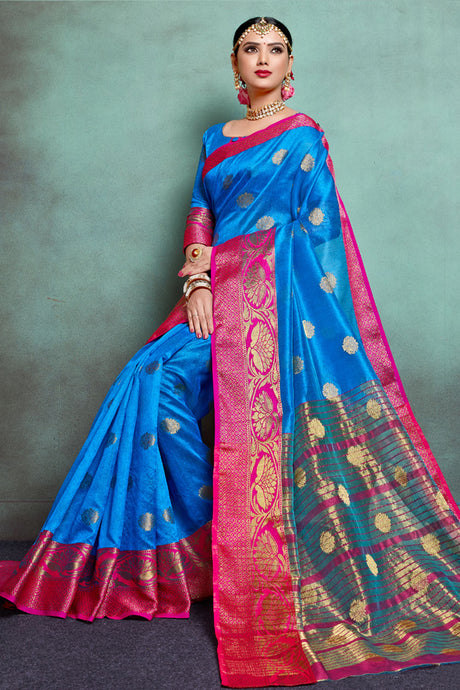 Blended Cotton Weaving Saree In Blue