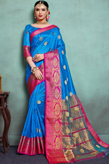 Blended Cotton Weaving Saree In Blue