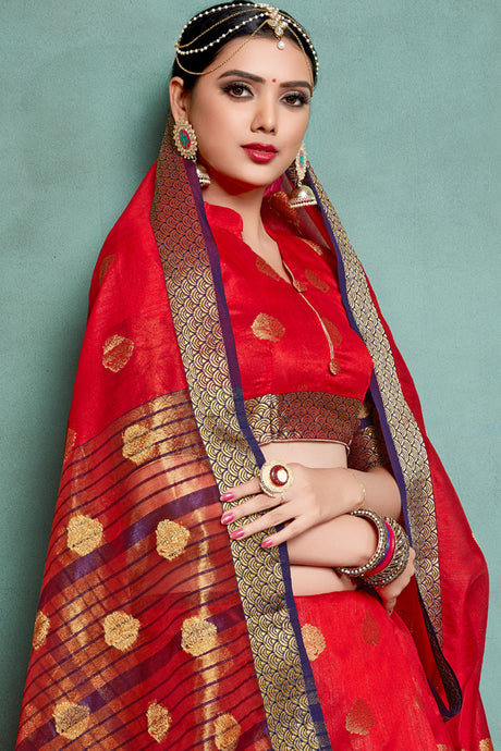 Blended Cotton Weaving Saree In Red