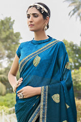 Chiffon Teal Blue Printed Designer Saree