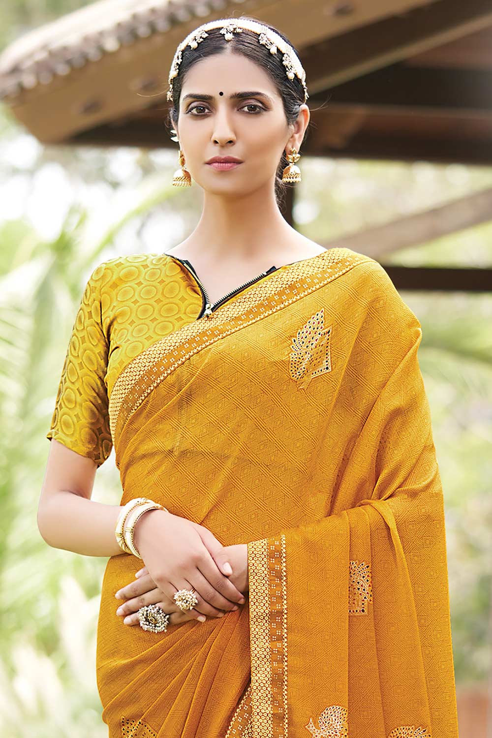 Chiffon Mustard Printed Designer Saree