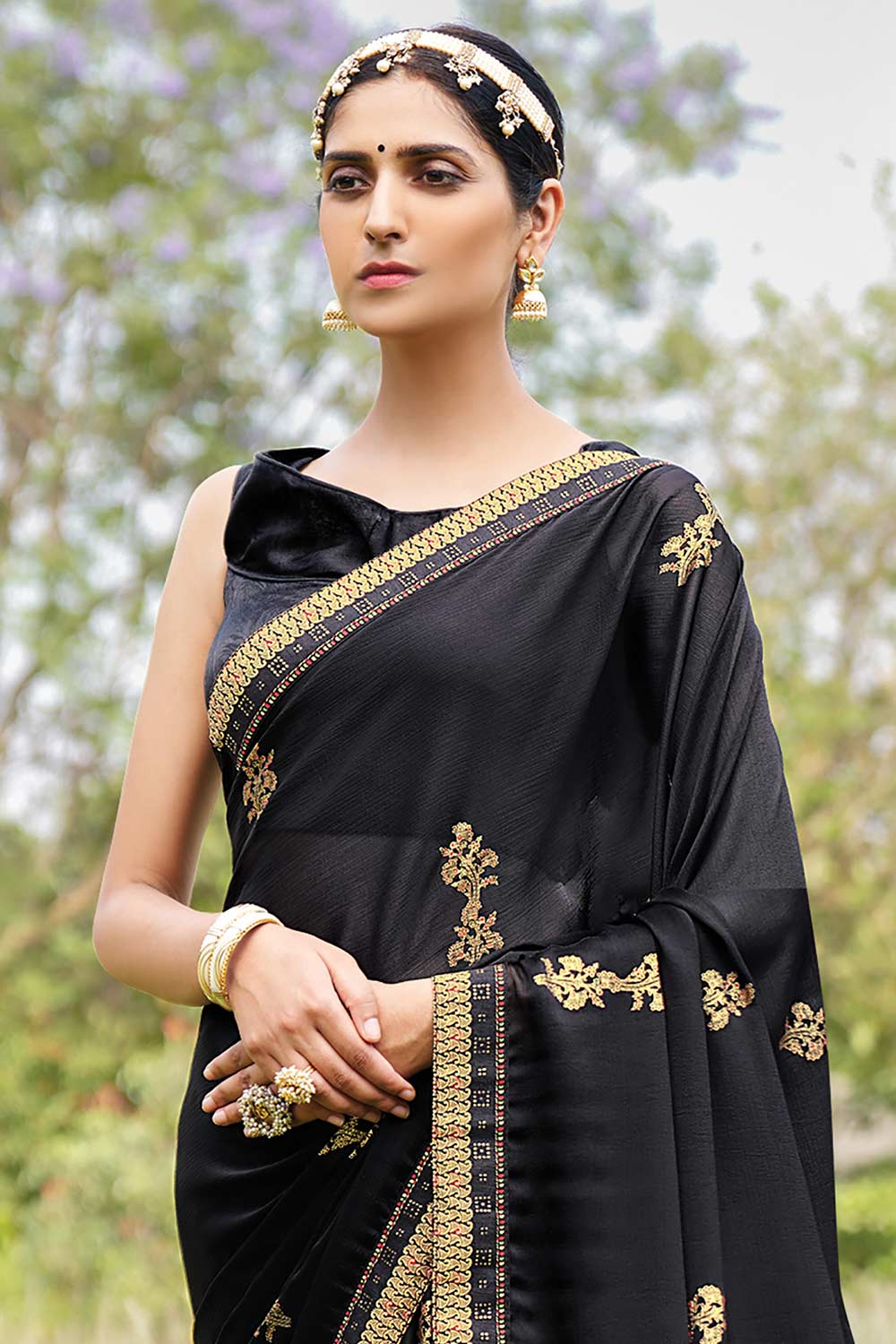 Chiffon Black Printed Designer Saree