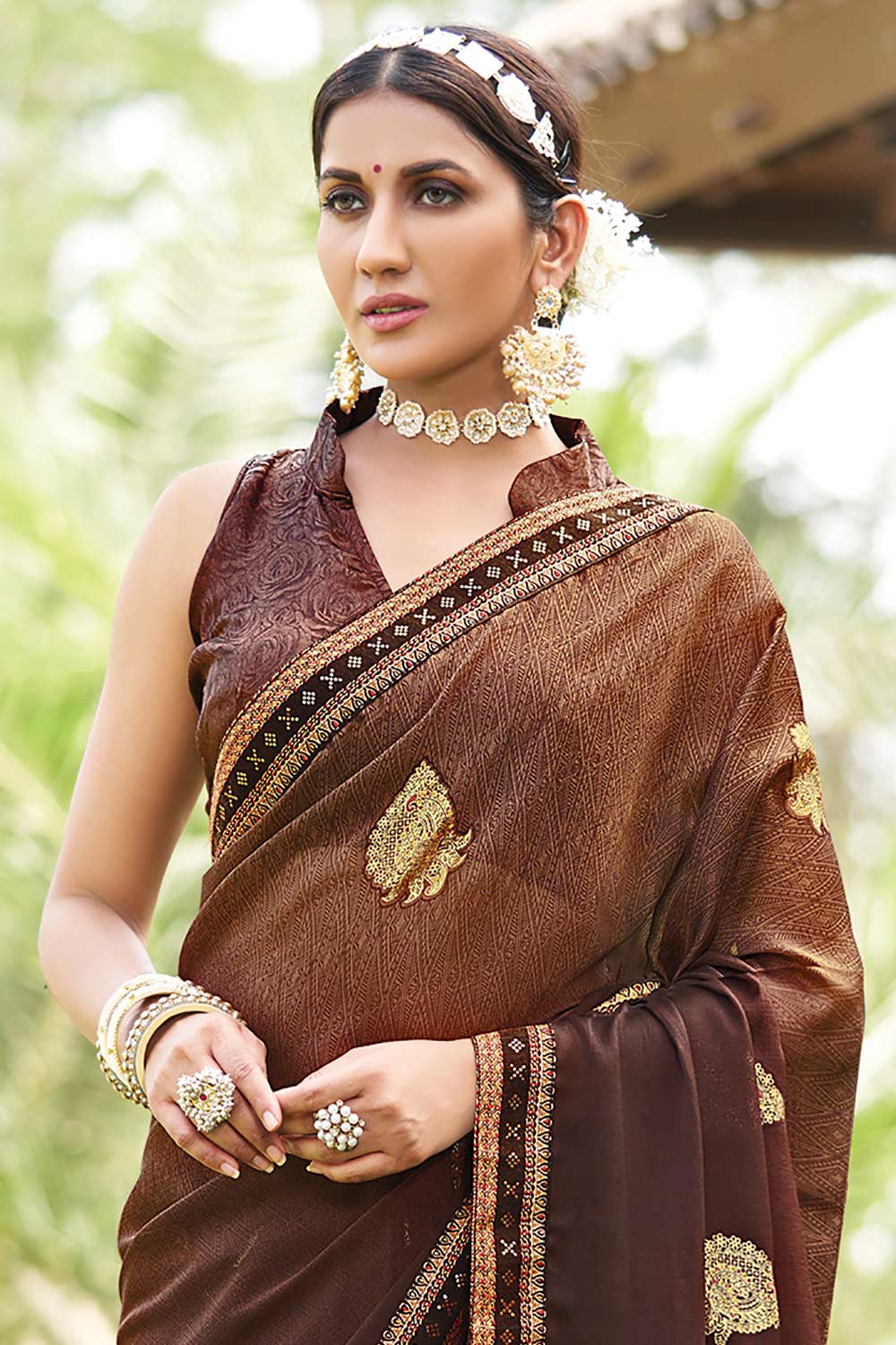 Chiffon Brown Printed Designer Saree