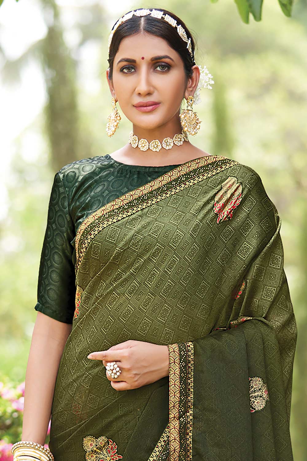 Chiffon Green Printed Designer Saree