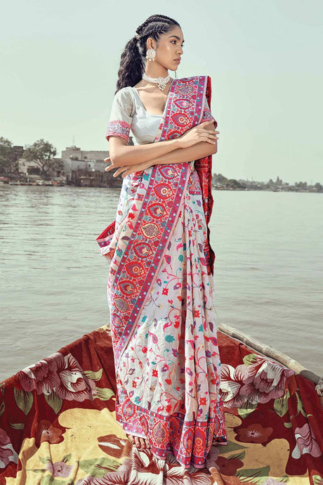 Buy Off White Modal Pashmina Printed Solid Saree Online - KARMAPLACE