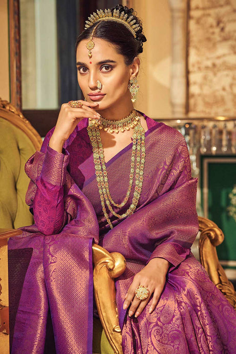 Buy Purple Silk Soft Handloom with Copper Zari Printed Saree Online - KARMAPLACE
