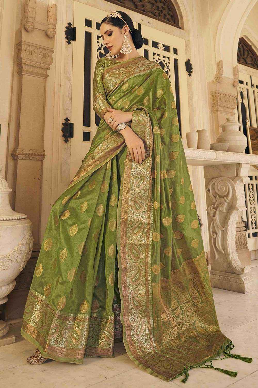 Buy Green Silk Organza Paisley Zari Saree Online