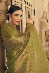 Buy Green Silk Organza Paisley Zari Saree Online - Back