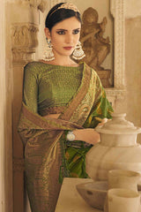 Buy Green Silk Organza Paisley Zari Saree Online - Front