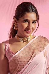 Buy Pink Cotton Blend Floral Woven Design Saree Online - Back