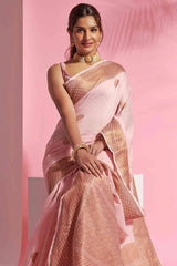 Buy Pink Cotton Blend Floral Woven Design Saree Online - Side