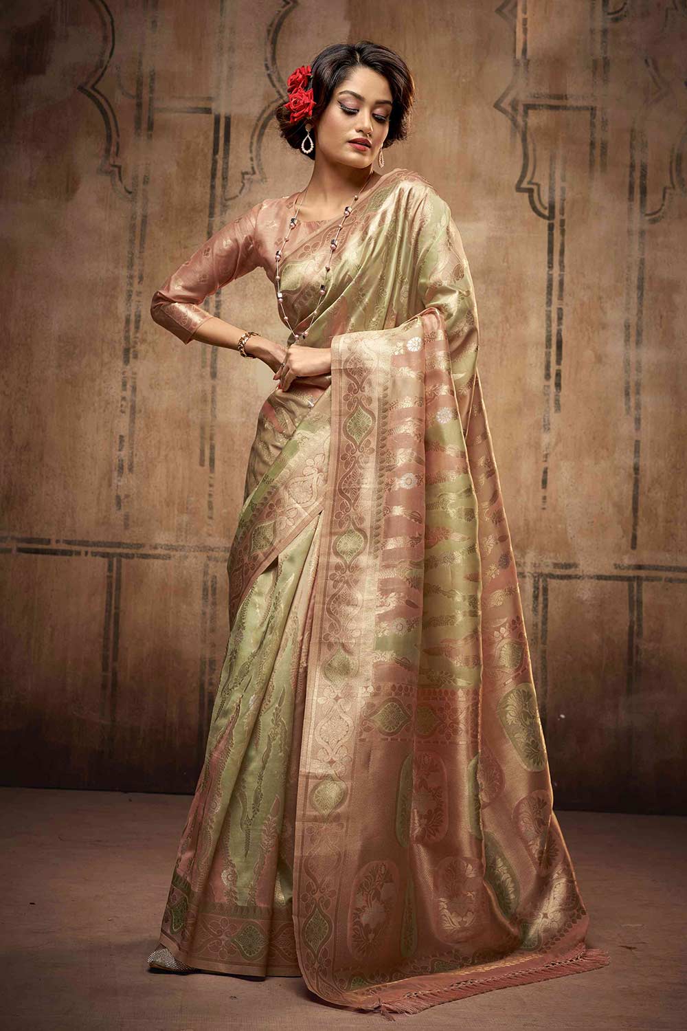 Buy Green Organza Silk Woven Design Saree Online