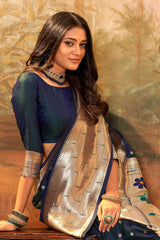 Buy Navy Blue  Paithani Silk Minakari Work Saree Online - Back