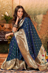 Buy Navy Blue  Paithani Silk Minakari Work Saree Online - Side