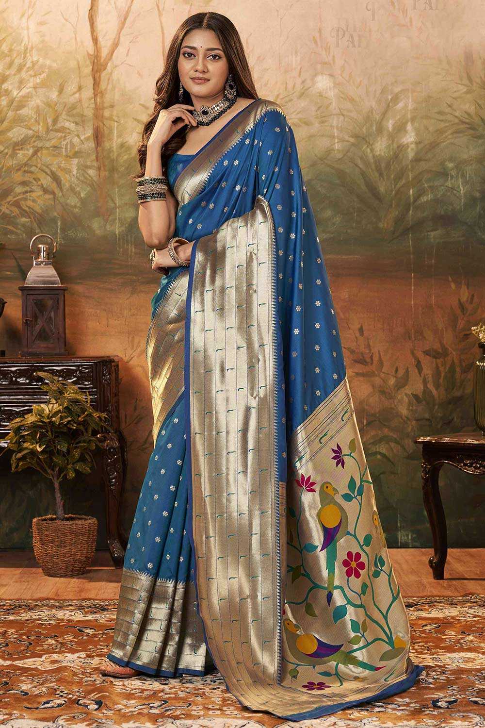 Buy Blue  Paithani Silk Minakari Work Saree Online