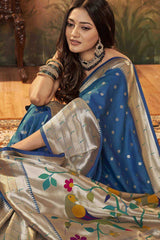 Buy Blue  Paithani Silk Minakari Work Saree Online - Back