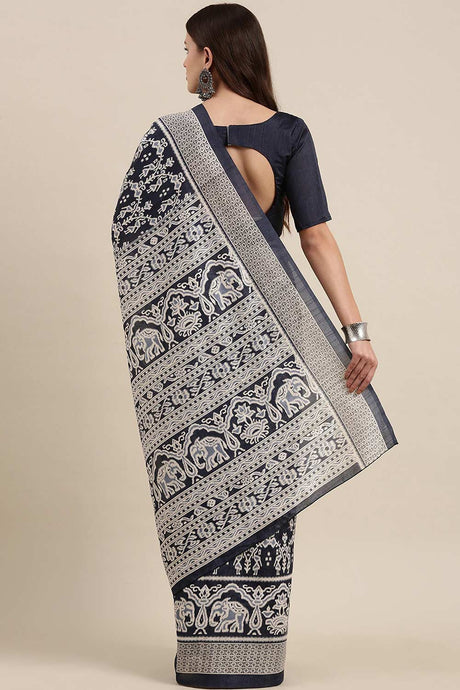 Navy Blue Bhagalpuri Silk Printed Saree