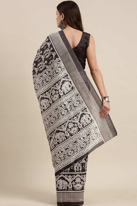 Charcoal Grey Bhagalpuri Silk Printed Saree