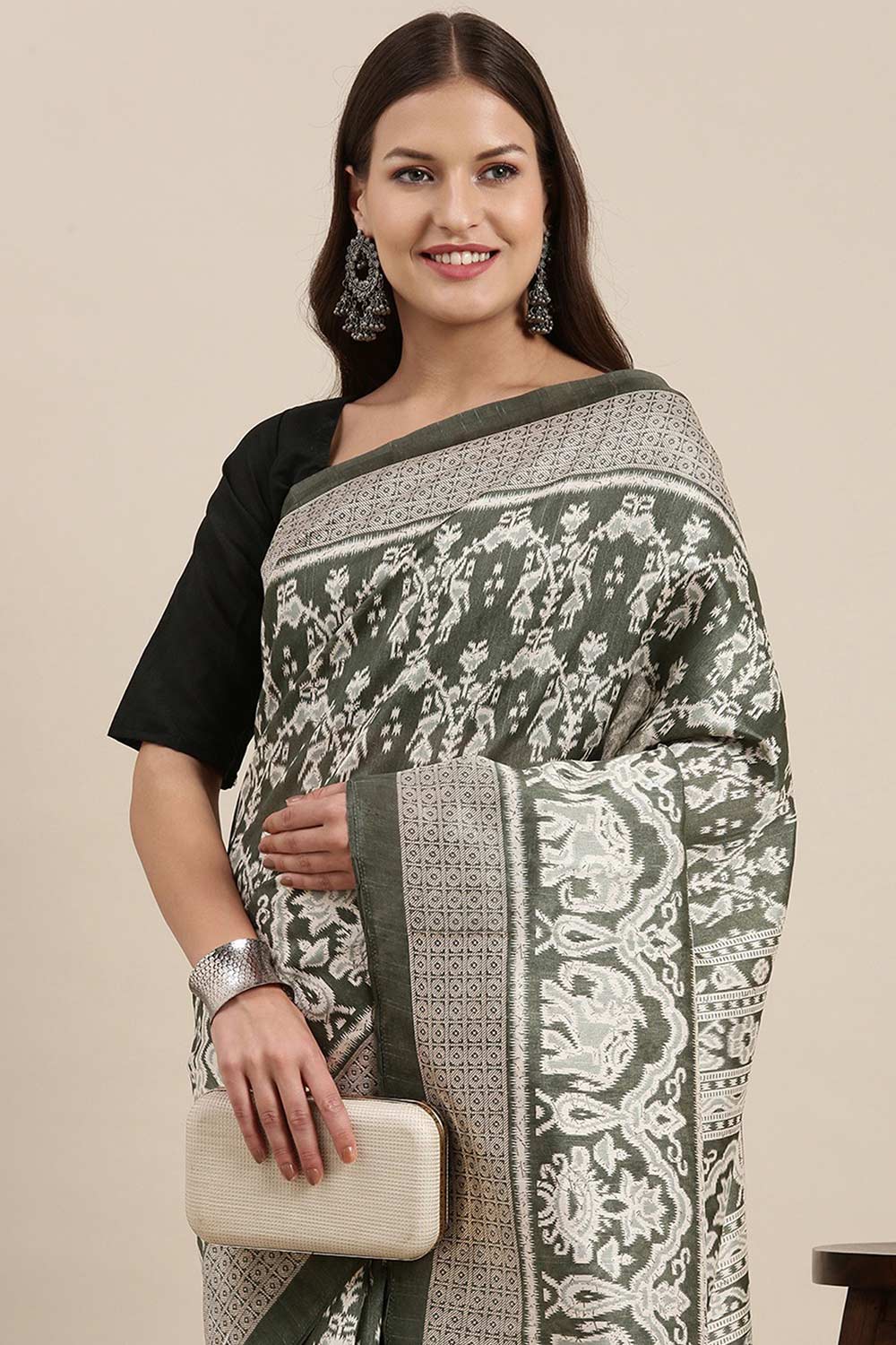 Olive Bhagalpuri Silk Printed Saree