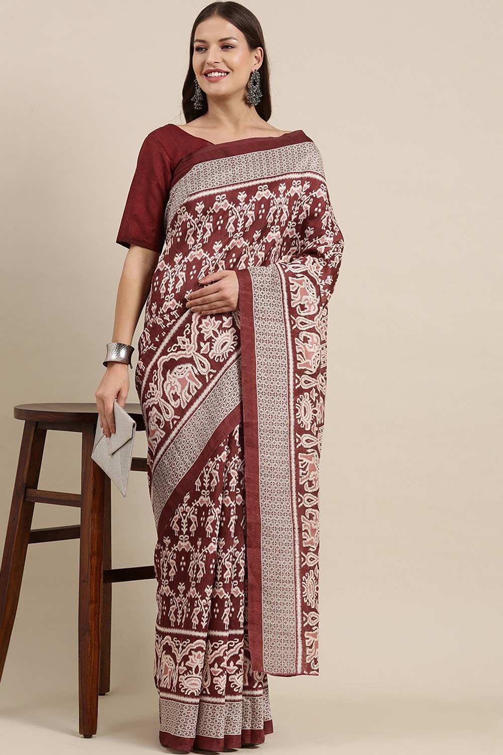 Maroon Bhagalpuri Silk Printed Saree