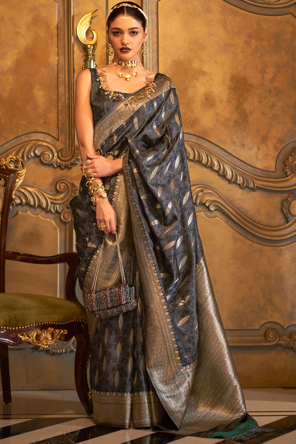 Black Satin Handloom Weaving Art Silk Saree