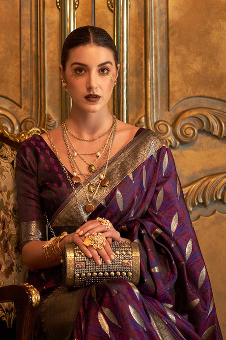Violet Satin Handloom Weaving Art Silk Saree