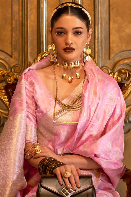 Pink Satin Handloom Weaving Art Silk Saree