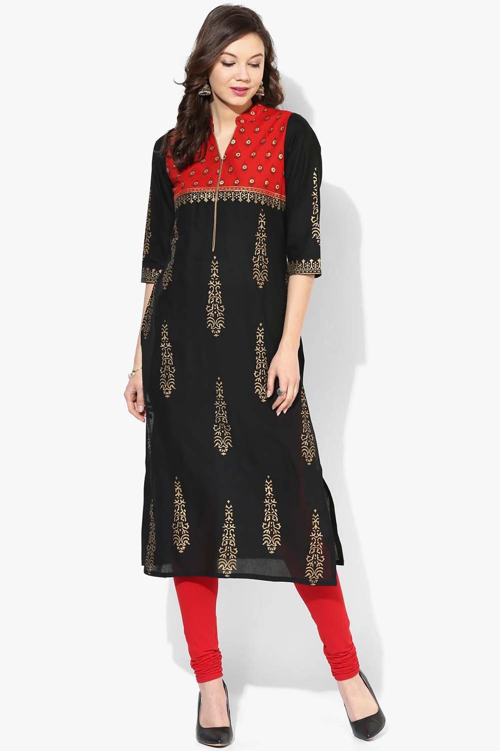 Blended Cotton Printed Kurti Top In Black