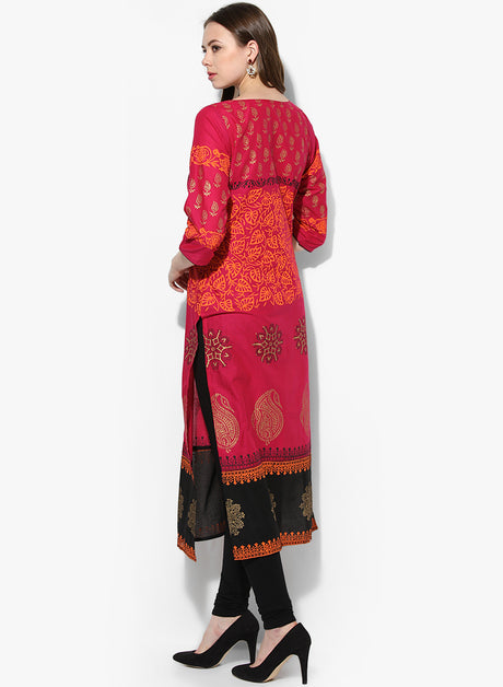 Blended Cotton Printed Kurta Top In Pink