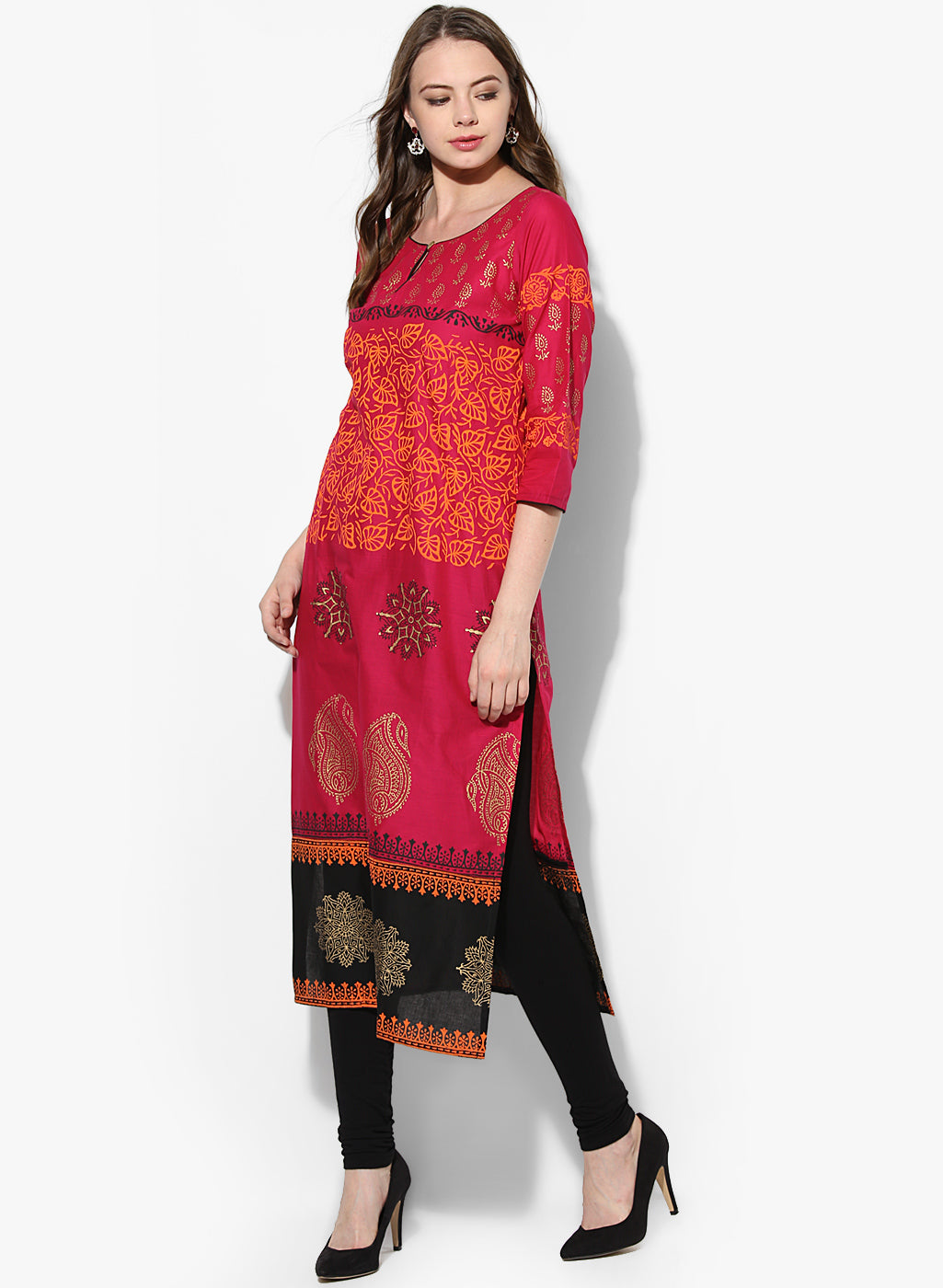 Blended Cotton Printed Kurta Top In Pink