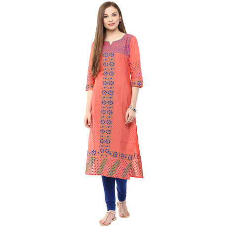 Blended Cotton Printed Kurta Top in Peach