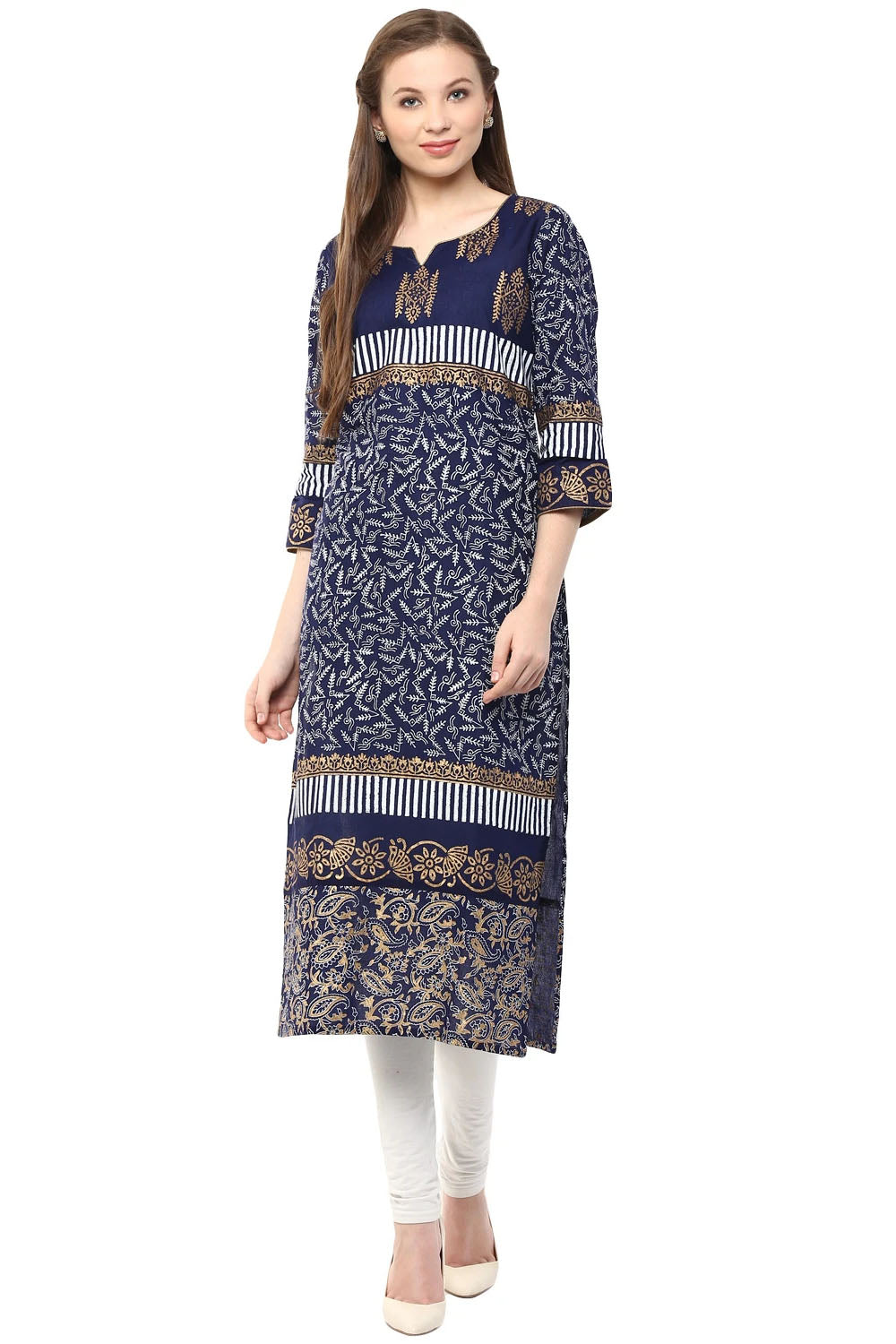 Blended Cotton Printed Kurta Top In Navy Blue