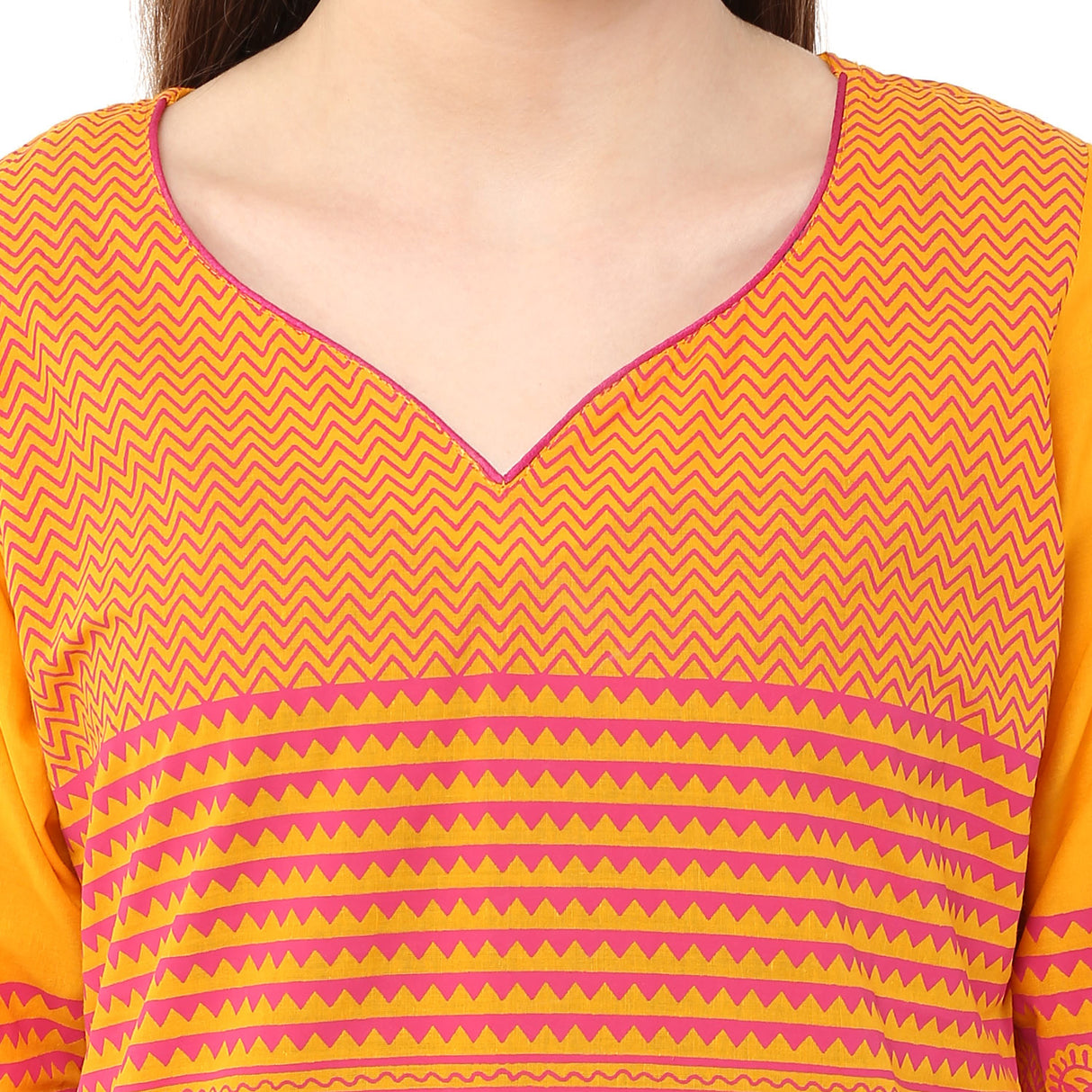 Blended Cotton Printed Kurta Top In Mustard