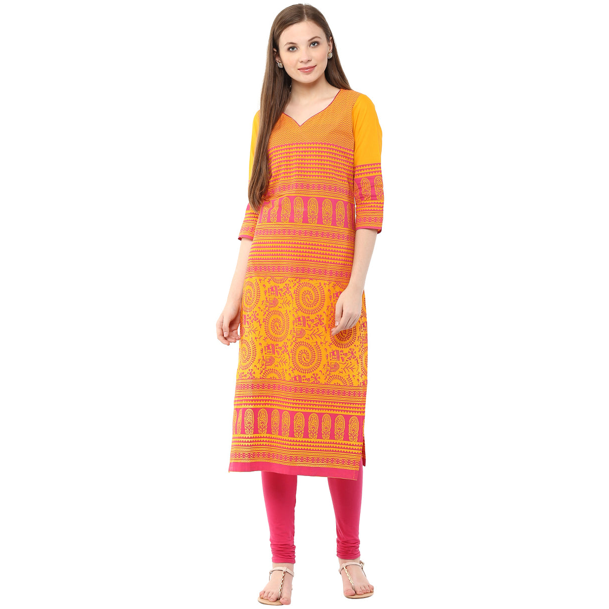 Blended Cotton Printed Kurta Top In Mustard