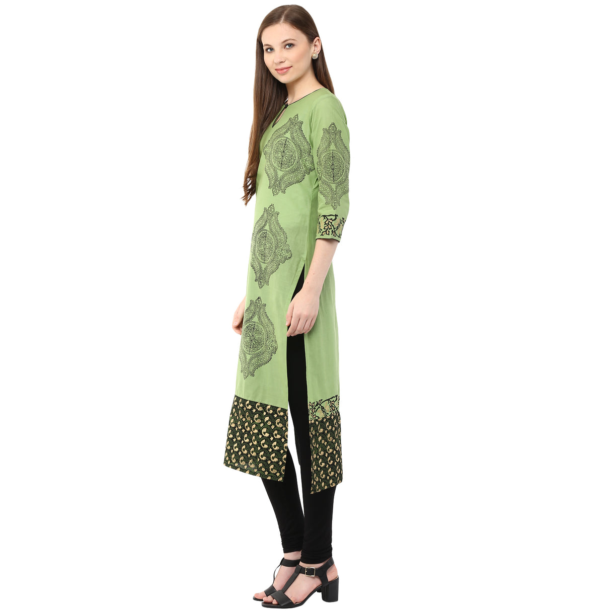 Blended Cotton Printed Kurta Top In Green