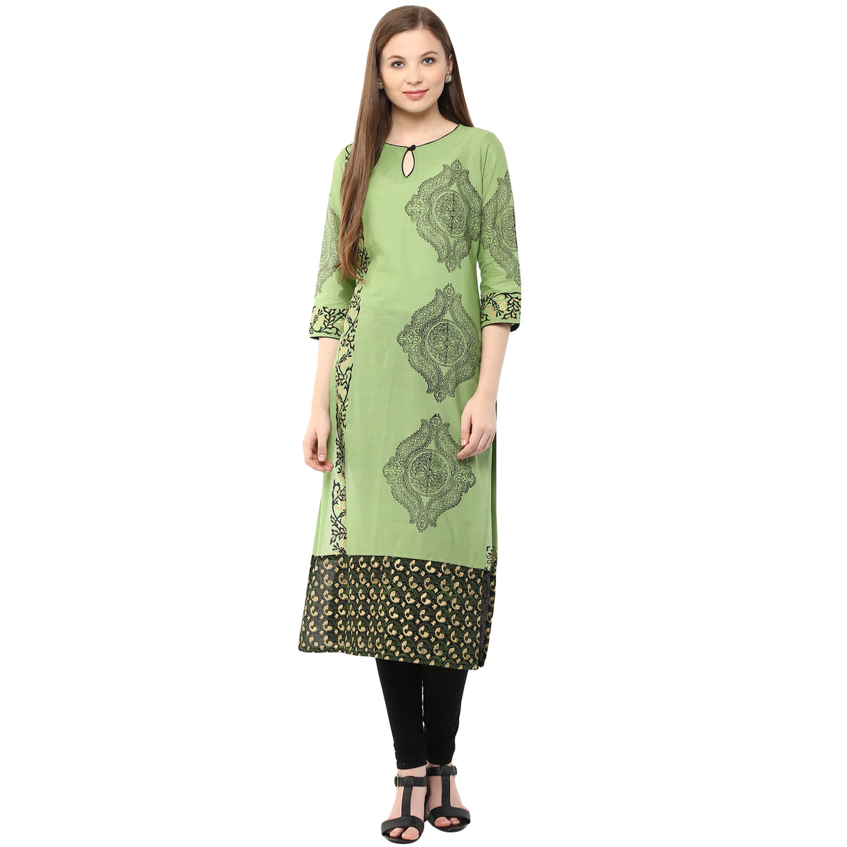 Blended Cotton Printed Kurta Top In Green