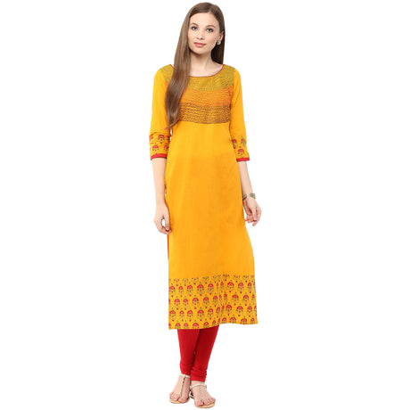 Blended Cotton Embroidered Kurta Top In Mustard