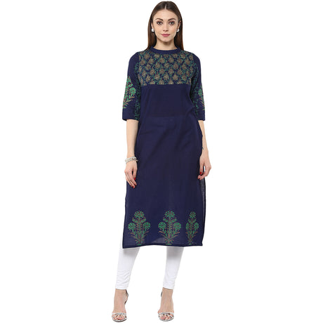 Blended Cotton Printed Kurta Top In Blue