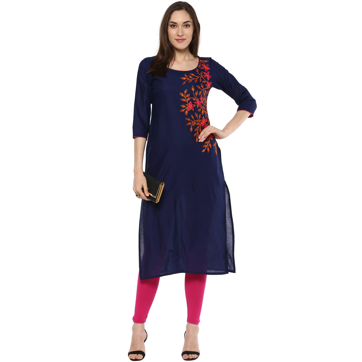 Blended Cotton Embroidered Kurta Top In Blue