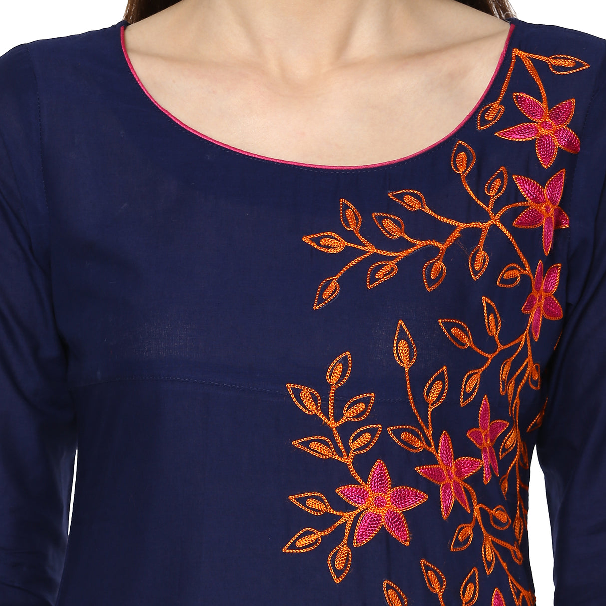 Blended Cotton Embroidered Kurta Top In Blue