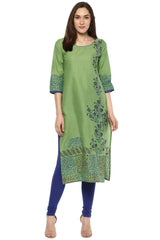 Blended Cotton Printed Kurta Top In Green