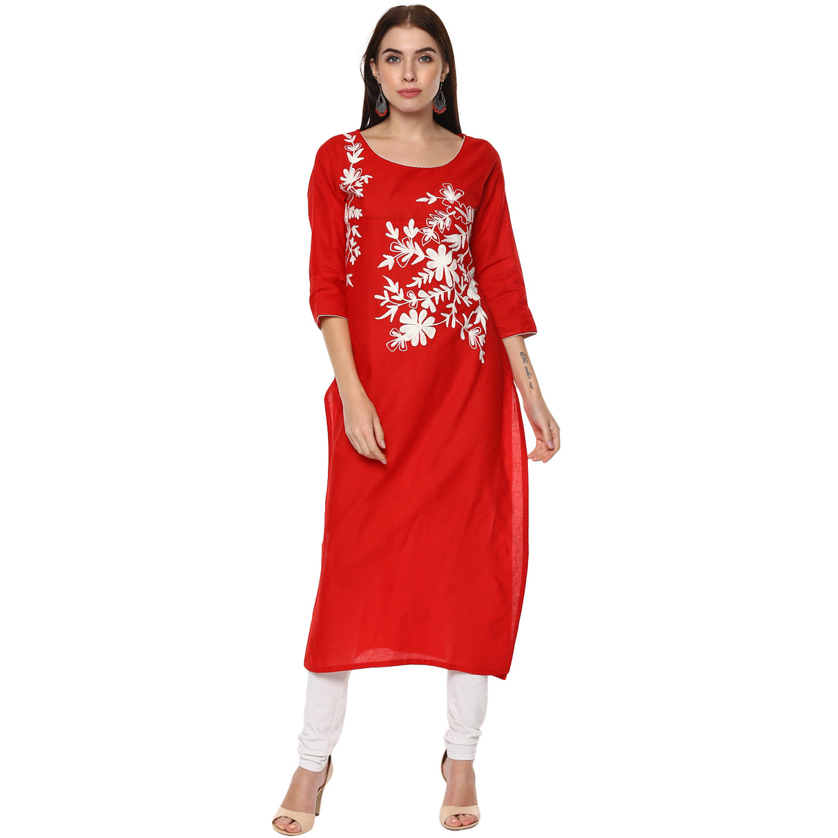 Blended Cotton Embroidered Kurta Top In Red