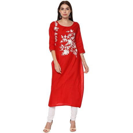 Blended Cotton Embroidered Kurta Top in Red