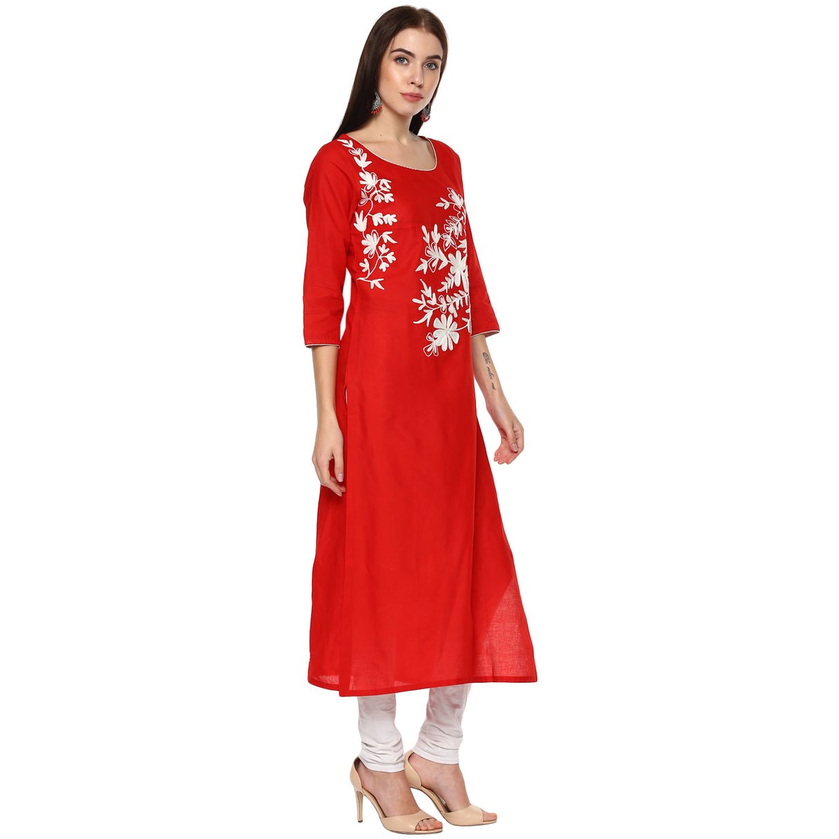 Blended Cotton Embroidered Kurta Top In Red