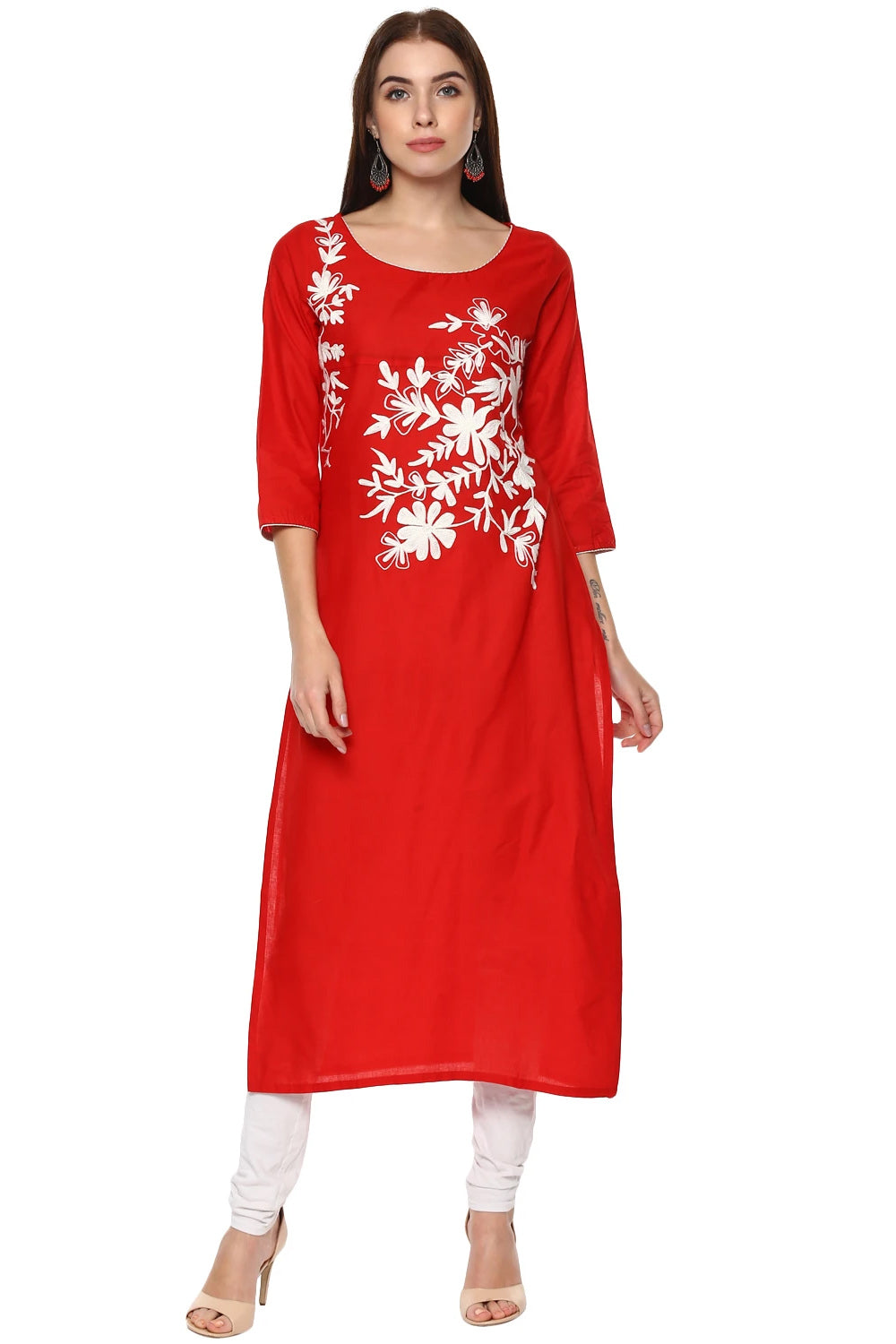 Blended Cotton Embroidered Kurta Top In Red